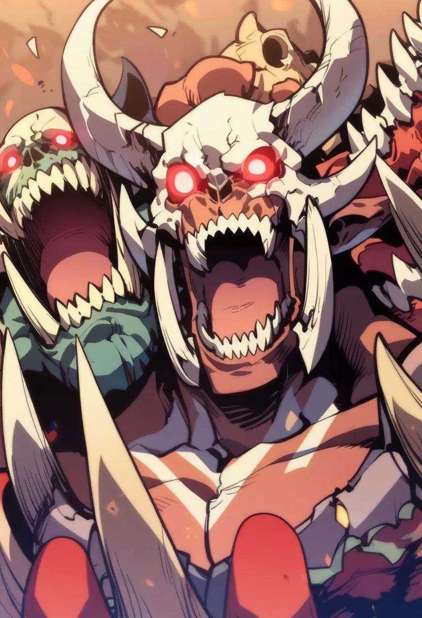 score_9,score_8_up,score_7_up,score_6_up, easynegative, Magnus_PS, open mouth, glowing eyes, skull, red eyes, no humans, monster, sharp teeth, male focus, upper body, armor, horns, multiple boys, epiCPhoto