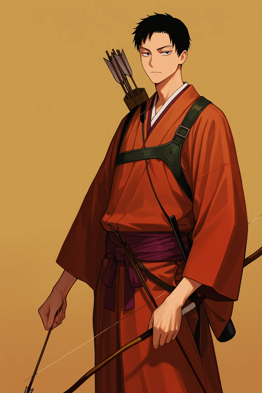 masterpiece, best quality, absurdres, safe
1boy, shizuka doumeki, black hair, black eyes, solo, japanese clothes, holding bow \(weapon\), holding arrow
<lora:xxxholic_il_1_d16:1>