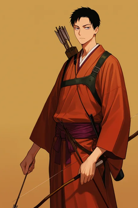 masterpiece, best quality, absurdres, safe
1boy, shizuka doumeki, black hair, black eyes, solo, japanese clothes, holding bow \(weapon\), holding arrow
<lora:xxxholic_il_1_d16:1>
