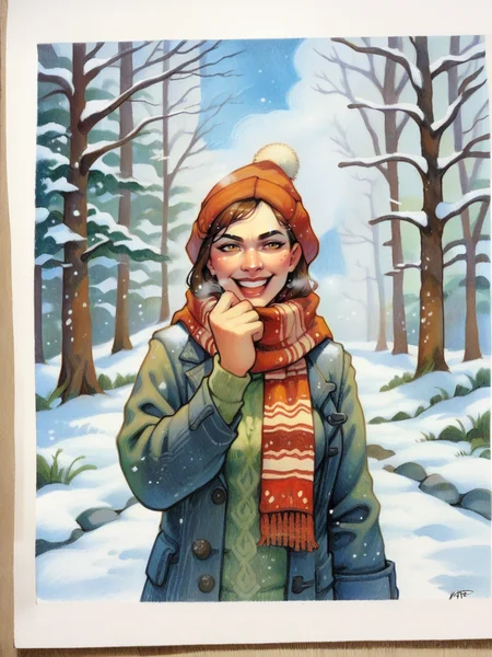 score_9, score_8_up, score_7_up, score_6_up, score_5_up, <lora:TeresenielsenXLP:0.8> terese nielsen, traditional media, 1girl, sweater, snow, scarf, happy