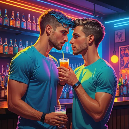 two athletic young adult men sharing an intimate moment in a busy gay bar, blue eyes, short hair, silhouette, vibrant rainbow neon color, illustration, cartoon, highly detailed, high quality,