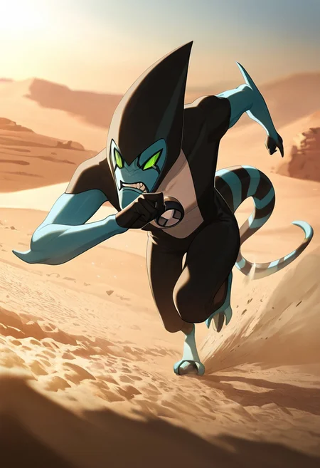 masterpiece, best quality, amazing quality, very aesthetic, absurdres, newest,, detailed background,
movie scene, cinematic scene, cinematic, foreground blur, depth of field,
xlr8, blue skin, green eyes, 1boy, stripped tail, reptile tail, green sclera, pokemon (creature), alien, black chin,
in desert, running, trails, dust trial, sand dunes, angry, motion effect, fast,