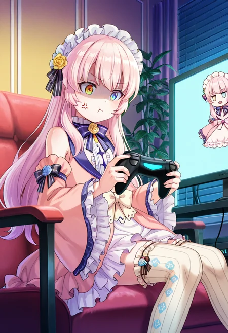 1girl, solo, little girl, sitting, holding game controller, <lora:eksistere_ill_v1:1>, eksistere, long hair, pink hair, frill headdress, yellow blue heterochromia, pink dress, white skirt, frill thighhighs, vertical stripes, black string from skirt, wide sleeves, bare shoulders, striped bow, yellow blue rose, shaded face, anger vein, :t, indoors, eksroom, playing game, 
extremely detailed anime cg, anime screencap, anime artwork, amazing quality, very aesthetic, absurdres, newest,