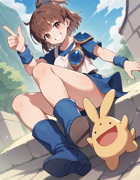 <lora:Puyoarle_SDXL_pony_fp16_ver05:1>,arleP123, 1girl,brown hair,bangs,short hair,hair updo, brown eyes,blue skirt, blue boots,blue wristband,short sleeve,smile,from side,thumbs down,creature, score_9, score_8_up, score_7_up, BREAK source_anime, rating_questionable, best quality, masterpiece, uncensored,[pony diffusion V6 is trained by PurpleSmartAI:100]