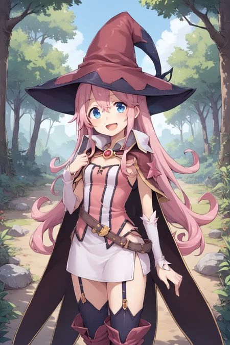 score_9, score_8_up, score_7_up, score_6_up, source_anime, BREAK, <lora:Pamela:0.7> pamdef, 1girl, pink hair, long hair, blue eyes, witch hat, white skirt, witch outfit, cape, black zettai ryouiki, thighhighs, garter straps, boots, cowboy shot, looking at viewer, smile, happy, scenery, exterior, outdoors, forest, jungle, <lora:backgroundsetXL:0.3> , background, <lora:senbei_avocadochaya_XL:0.4>