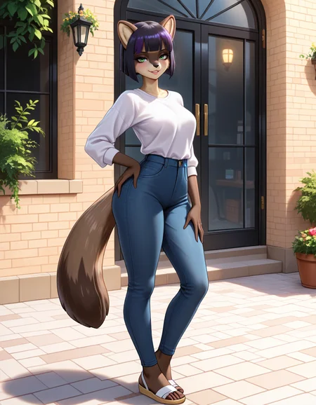 masterpiece, best quality, very aesthetic, absurdres,
outdoors, casual,
full body, posing,
seductive smile, parted lips, long eyelashes,
<lora:Ena_v01_NAIXL:1>
3n4,1girl,solo,furry,furry female,raccoon girl,racoon ears,short hair,black hair,purple hair,blunt bangs,bob cut,green eyes,snout,animal nose,body fur,two-tone fur,racoon tail,