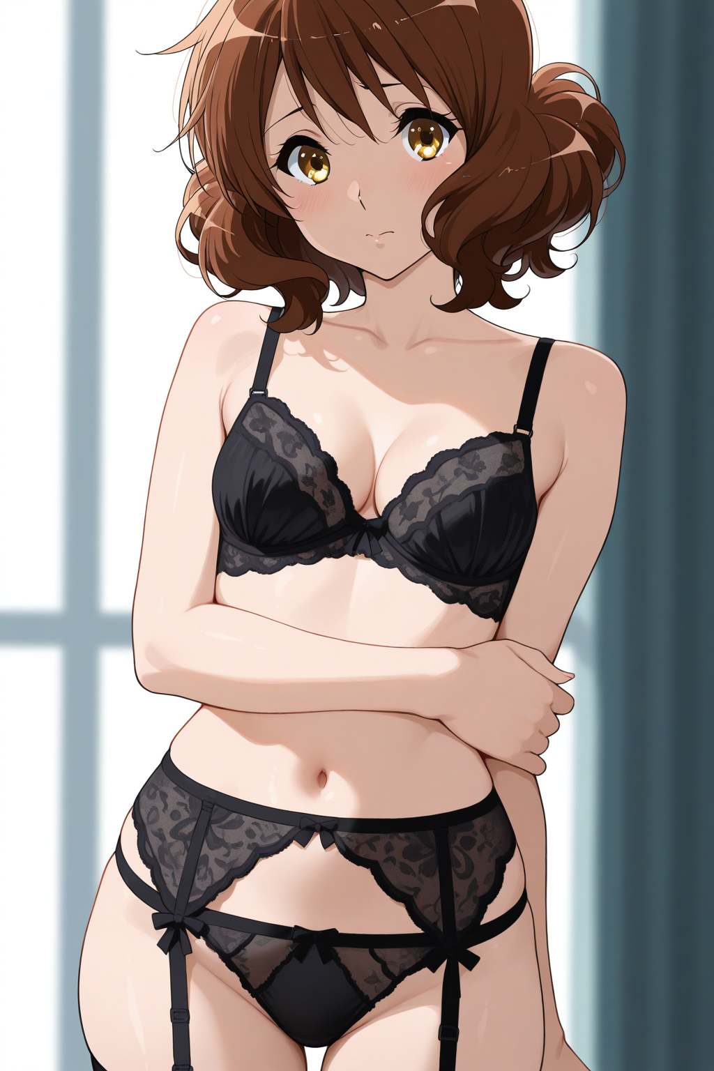 1girl, oumae kumiko, hibike! euphonium, black bra, black garter belt, black panties, black thighhighs, blush, bra, breasts, brown hair, cleavage, closed mouth, cowboy shot, garter belt, holding own arm, lingerie, looking at viewer, navel, panties, short hair, small breasts, solo, stomach, thighhighs, underwear, underwear only, yellow eyes, masterpiece, best quality, absurdres
