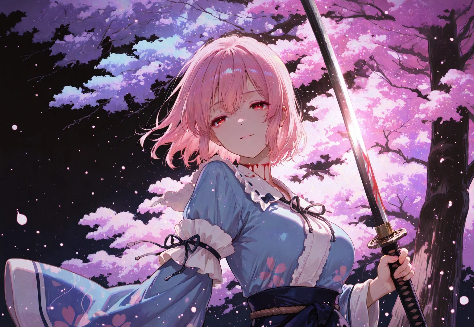 safe_pos, masterpiece, best quality, very aesthetic, absurdres,
saigyouji yuyuko, 1girl, solo, red eyes, pink hair, short hair, medium large breasts, younger,
simple blue kimono, long sleeves, wide sleeves, sash, ribbon, upper body,
katana, detailed katana, holding a (very long:1.2) katana, bleeding neck, blood on blade
correct fingers, dynamic pose, smile, beautiful eyes, detailed eyes, no expression, (sorrow:1.2), (grief:1.2), emotionless, lipbite, serious, wide-open eyes
outdoor, very dark background, floating cherry blossom in air,
tree focus,
leaning on a dead tree with (giant huge:1.5) trunk, trunk wrapped with a shimenawa rope,
pastel colors, gradient color, soft fill light, (ambient light), (dynamic light), vivid colors, high contrast,
raytracing, volumetric lighting, (light particles:1.2), glowing particles, (floating particle light:1.1), gradient color,
shiny, glitter,
tense atmosphere, lonely atmosphere, sad atmosphere,
atnr style,
((4k,8k,Ultra HD)),((Masterpiece :1.2)),((Best quality :1.2)),((Detailed :1.2)), ((Detailed eyes:1.2))