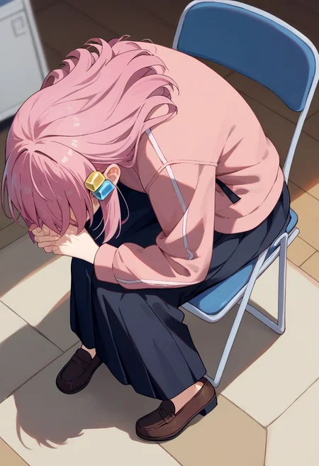 score_9, score_8_up, score_7_up, source_anime, rating_safe, solo, 1girl, gotoh hitori, bocchi the rock!, shinjichair, sitting, head down, chair, pink hair, cube hair ornament, pink jacket, long sleeves, black skirt, loafers <lora:concept_shinjichair_ponyXL:1>
