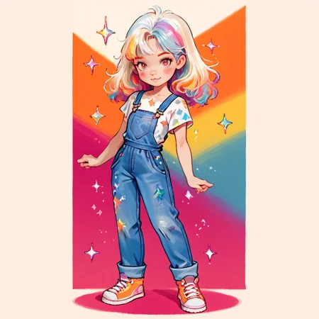 score_9, score_8_up, 1girl, solo, full body, digital art, flat colors, flat color, overalls, sparkle, colorful background, looking at viewer,