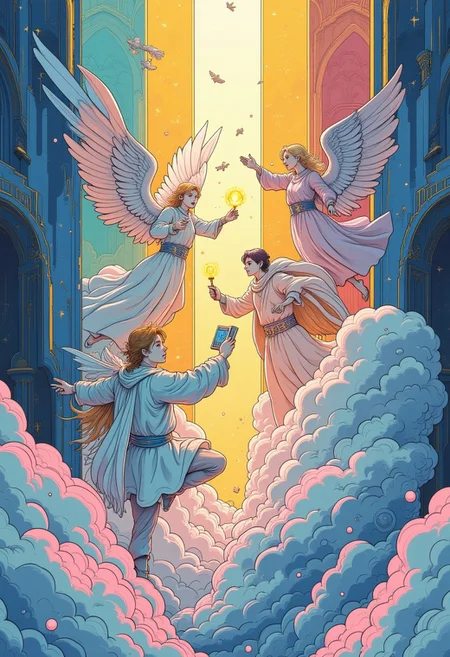 A surreal anime-inspired digital artwork featuring heavenly beings set against swirling, otherworldly clouds and radiant beams of light that cut through the composition. At the center, a glowing divine light source beams outward, with slender, stylized angels in flowing robes and iridescent wings engaging in dynamic poses, playing stylized instruments, holding glowing scrolls, and gesturing in exaggerated, fluid motions. Their large, expressive eyes convey emotions ranging from ecstatic joy to reverent calm. The surreal background features sharp, stylized celestial architecture with glowing marble columns adorned with shimmering accents, casting soft, elongated shadows over the clouds. The vibrant color palette includes glowing golds, pastel blues, and ethereal whites, enhancing the dreamlike, fantastical atmosphere. Anime-inspired lighting creates sharp contrasts and exaggerated shadows, illuminating the fluid movement of the angels and the surreal elements of the environment. Ultra-high 8K resolution brings out the vibrant contrasts and detailed textures, enhanced by R-ESRGAN 4x+, giving the composition a fluid, stylized, anime-inspired finish.