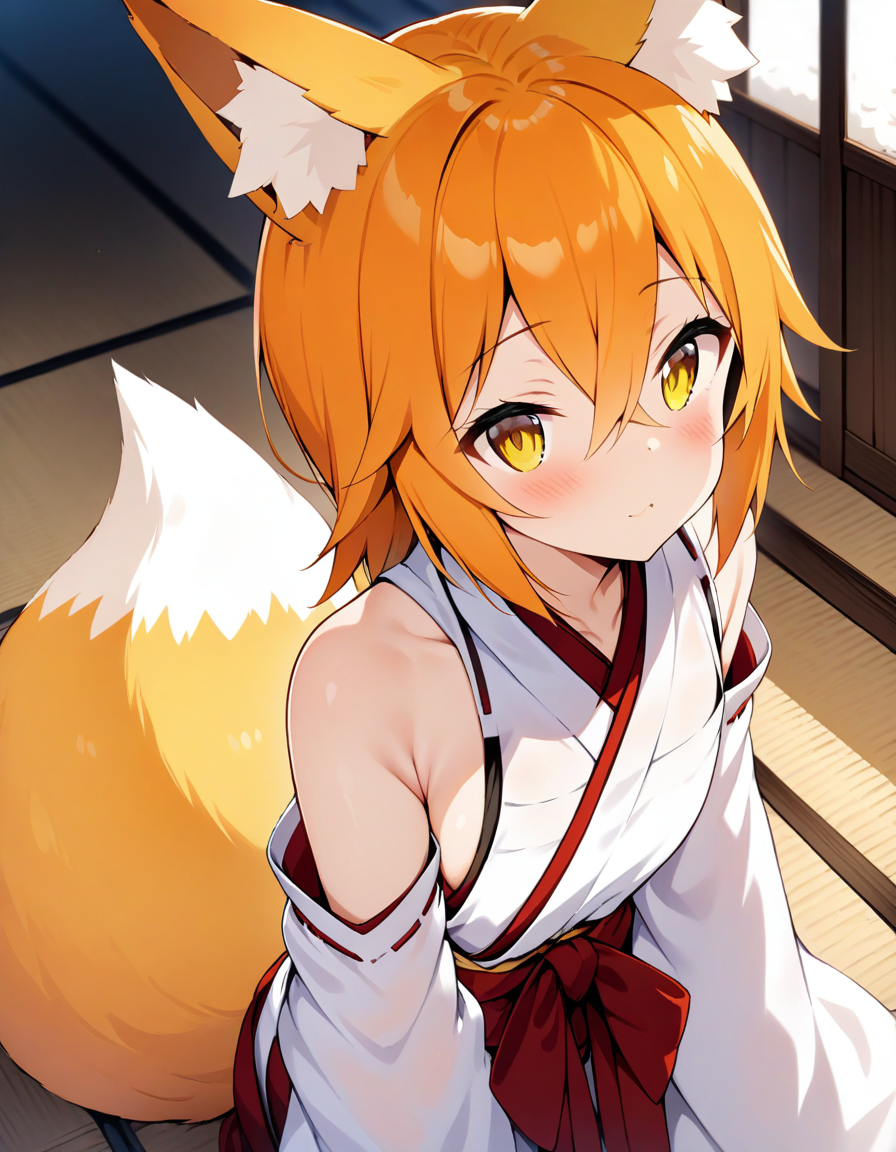 masterpiece, best quality, <lora:Senko-San_lora_XL_dev_0.1:1> senko, fox animal ears, yellow eyes, long sleeves, orange hair, japanese clothes, hair between eyes