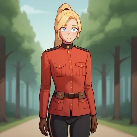 score_9_up, score_8_up, BREAK, RCMP, 1girl, solo, blonde hair, high ponytail, blue eyes, uniform, red jacket, brown gloves, pants, cowboy shot, arms at sides, <lora:RoyalCanadianMountedPolice_PXL_Leaf1:1>, outdoors, forest,