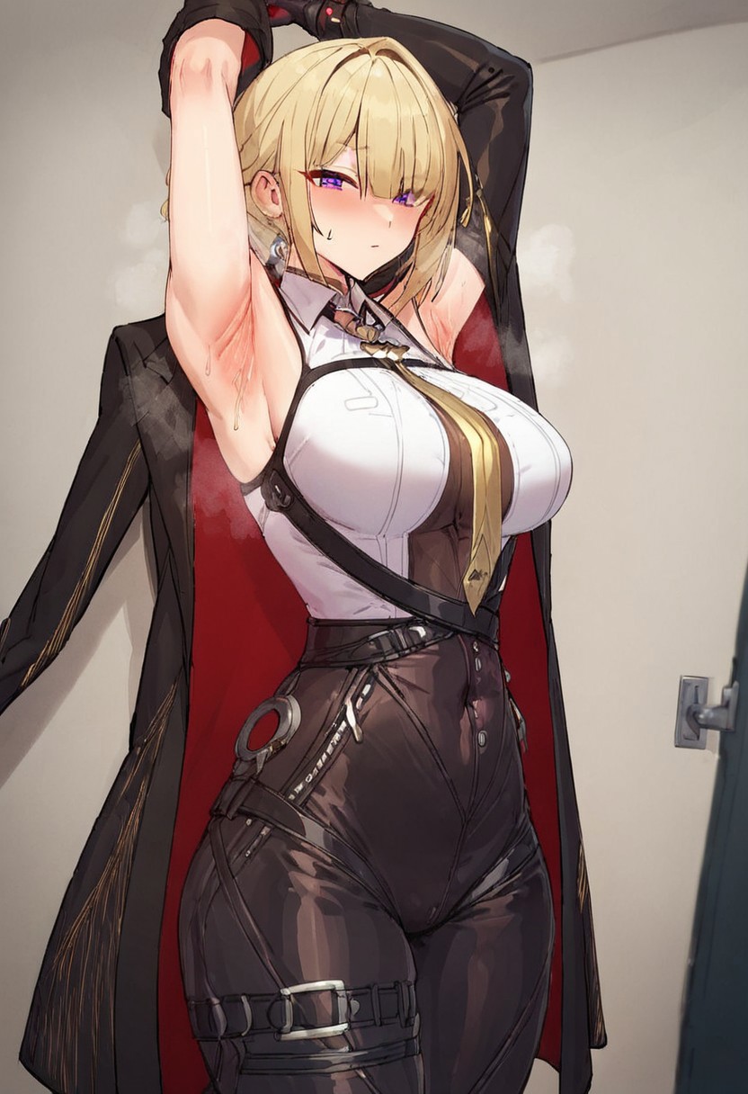 score_9,score_8_up,score_7_up, 1girl, Evelyn_ZZZ, medium breasts, blonde hair, black gloves, breasts, purple eyes, jewelry, necktie, jacket, looking at viewer, tight dress, indoors, short dress, covered navel, tight clothes, taut dress, taut clothes, bare shoulders, open clothes, curvy, standing, collarbone, cowboy shot, thick thighs, sleeveless dress, doorway, door, arm above head, armpit crease, armpits, arms up, sweat, sweatdrop, steam,