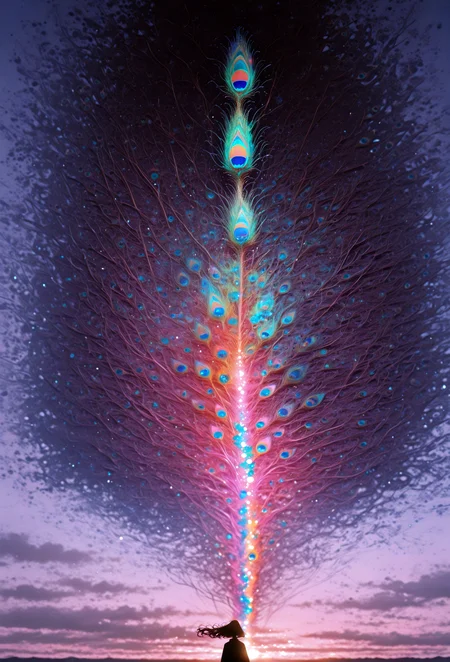 Peacock, 1girl, solo, cinematic angle, wind, floating hair, Dusk, walking on the above, Ethereal light diffuses across the scene, atmospheric glow, Abstract shapes resemble organic textures, evoking, impressionist, watercolor, Depth of field, colorful, [(black background:1.2)::0.2], (vibrant background:1.2), masterpiece, best quality, amazing quality, very aesthetic, absurdres, highres, newest, intricate details, high contrast, <lora:TrendCraft_The_Peoples_Style_Detailer-v1.0A-3_13_2025-NoobVPRED:1> <lora:Peacock_World_Morph_XL:1>