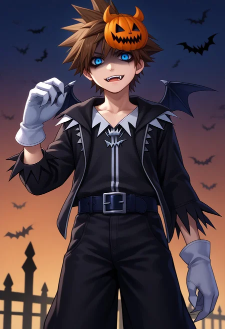 score_9, score_7_up, source_anime
sora, 1boy, male focus, solo, blue eyes, brown hair, spiked hair, halloween costume, fangs, mask, mask on head, wings, bat wings, black wings, shirt, black shirt, jacket, black jacket, open jacket, open clothes, long sleeves, gloves, white gloves, belt, black belt, pants, black pants, baggy pants, shaded face, pale
outdoor, sky,