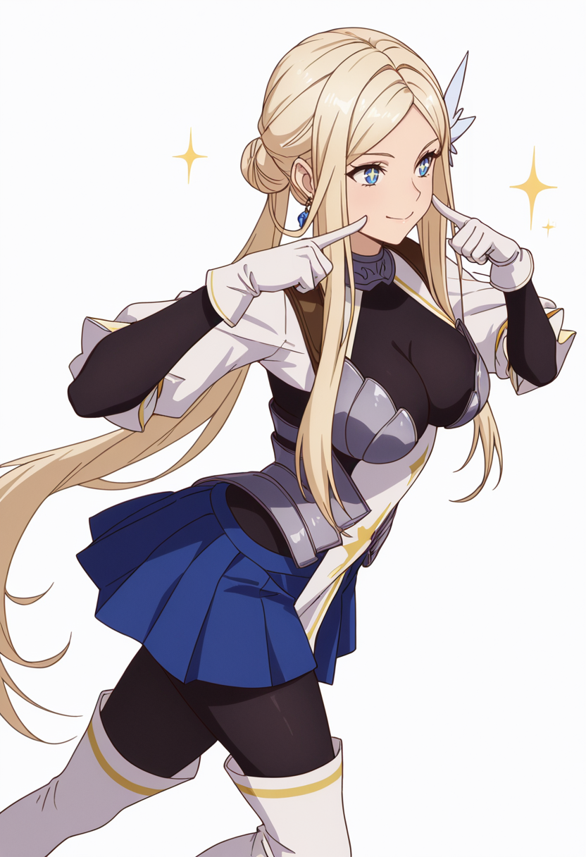 Smooth Quality,masterpiece,very intricate, high quality details, ultra realistic, high detailed skin,detailed enviorement,absurdres,
simple background, white background, dancing, solo,dynamic angle,
 <lora:Krishna_CNR:0.8> krishna_cnr, 1girl,blonde hair,very long hair,single hair bun, sidelocks, parted bangs, blue eyes, breasts,white hair ornament, earrings,armor, breastplate, armored dress, blue skirt, pleated skirt,white gloves, black pantyhose,white thigh boots,, fingersmile,, + +,