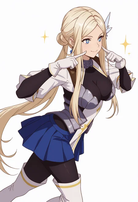 Smooth Quality,masterpiece,very intricate, high quality details, ultra realistic, high detailed skin,detailed enviorement,absurdres,
simple background, white background, dancing, solo,dynamic angle,
<lora:Krishna_CNR:0.8> krishna_cnr, 1girl,blonde hair,very long hair,single hair bun, sidelocks, parted bangs, blue eyes, breasts,white hair ornament, earrings,armor, breastplate, armored dress, blue skirt, pleated skirt,white gloves, black pantyhose,white thigh boots,, fingersmile,, + +,