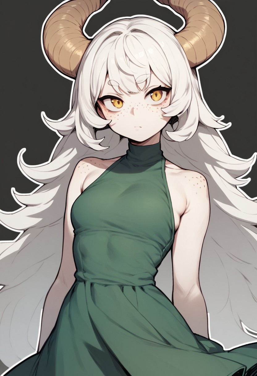 score_9, score_8_up, score_7_up, thick outlines, outline, black outline, 1girl, solo, twisted ram's horns, freckles, white hair, long bangs, golden eyes, pale skin, green dress, medium shot