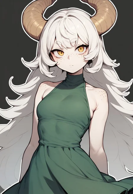 score_9, score_8_up, score_7_up, thick outlines, outline, black outline, 1girl, solo, twisted ram's horns, freckles, white hair, long bangs, golden eyes, pale skin, green dress, medium shot