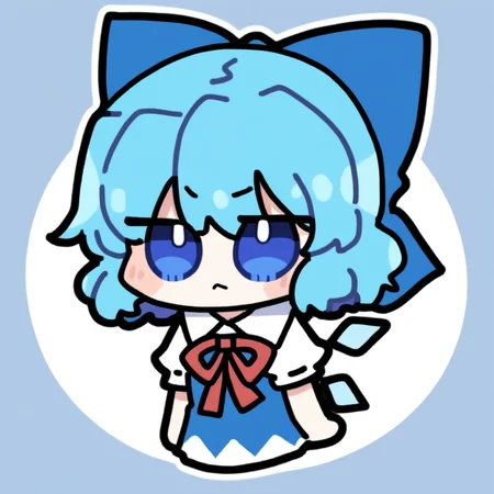 chibi,solo,1girl,cirno,touhou,blue hair,bow,short hair,hair bow,wings,blue eyes,blue bow,ice wings,ribbon
<lora:Oldstore_noob_4:1>,