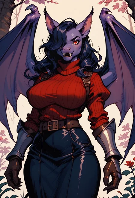 score_9, score_8_up, score_7_up, score_6_up, (anthropomorphic bat woman), w1ngs, large demon wings, (large bat ears), slender body, purple skin, black fur, sharp fangs, red eyes, long black hair, (hair over one eye), huge breasts, long sleeves, sweater, ribbed sweater, puffy sleeves, breastplate, ribbon, red ribbon, gauntlets, glove, brown gloves, belt, skirt, armor, outdoors, forest, nature,