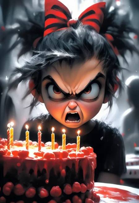 Portrait of a beautiful young girl wearing a headband bow and sitting behind a birthday cake. She has dark shadows under her eyes, an angry expression on her face, and flushed cheeks. In stark contrast to the festive occasion, she seems disconnected from the joy that surrounds her. Presents are visible in the background, adding to the surreal atmosphere. Her hair is a striking mix of red and black, drawing attention to her defiant stance. This image captures an intense moment where innocence meets anger.extremely high-resolution details, photographic, realism pushed to extreme, fine texture, 4k, ultra-detailed, high quality, high contrast
Negative prompt: embedding:negativeXL_D, symmetrical, closed eyes, deformed hand, moxie1776 https://civitai.com/images/2704684
Steps: 50, Sampler: DPM++ 3M SDE, CFG scale: 5.0, Seed: 106975371444984, Size: 832x1216, Model: sdxlNijiSpecial_sdxlNijiSE, Denoising strength: 0, Style Selector Enabled: True, Style Selector Randomize: False, Style Selector Style: base, TI hashes: "negativeXL_D, negativeXL_D", Version: v1.6.0.69-2-g1853213, TaskID: 652949021723377527
Used Embeddings: "negativeXL_D, negativeXL_D"