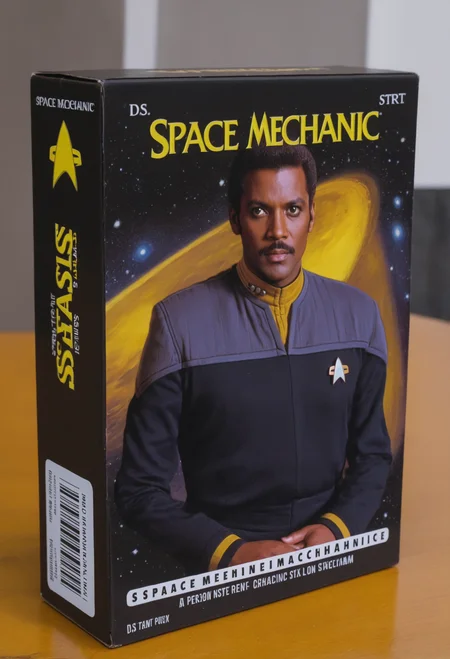 boardgame box on a table,box of game named "SPACE MECHANIC" with a cover art of person wearing black and grey ds9st uniform and yellow collar<lora:DS9XLVGRAD3:0.8>