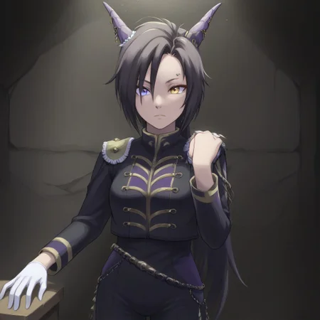 Naruto_Manda, (hybrid snake human), female, purple religious tunic, sleeves, hood, scaly skin, (scales:2), green eyes, reptile eyes, inside cave, human bones on floor, jewelry, holding human skull, airshakurprime, low wings, horse tail, sharp teeth, horse ears, ear ornament, single ear cover, horns, heterochromia, purple eyes, yellow eyes, black jacket, epaulettes, aiguillette, long sleeves, white gloves, black pants, eyebrow piercing, ear piercing