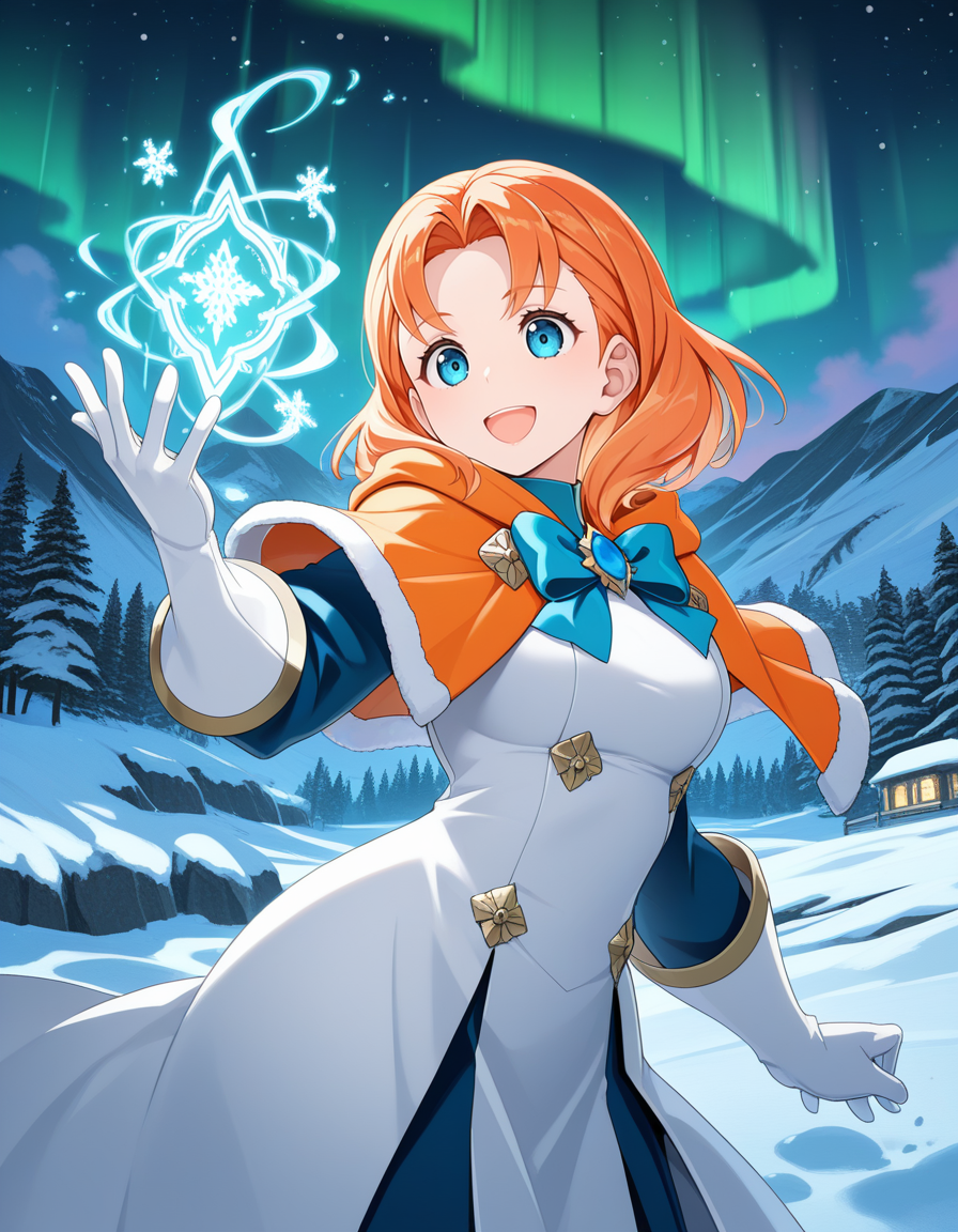 (4k4t4), <lora:1_illu_akata_itsuki_16e:1>, 1girl, annette_fantine_dominic (post timeskip), fire emblem, orange hair, blue eyes, medium hair, parted bangs, orange capelet, brooch, blue bow, white gloves, long gloves, white dress, blue sleeves, smile, open mouth, magic, fjord, snow, aurora, (masterpiece, best quality, amazing quality),