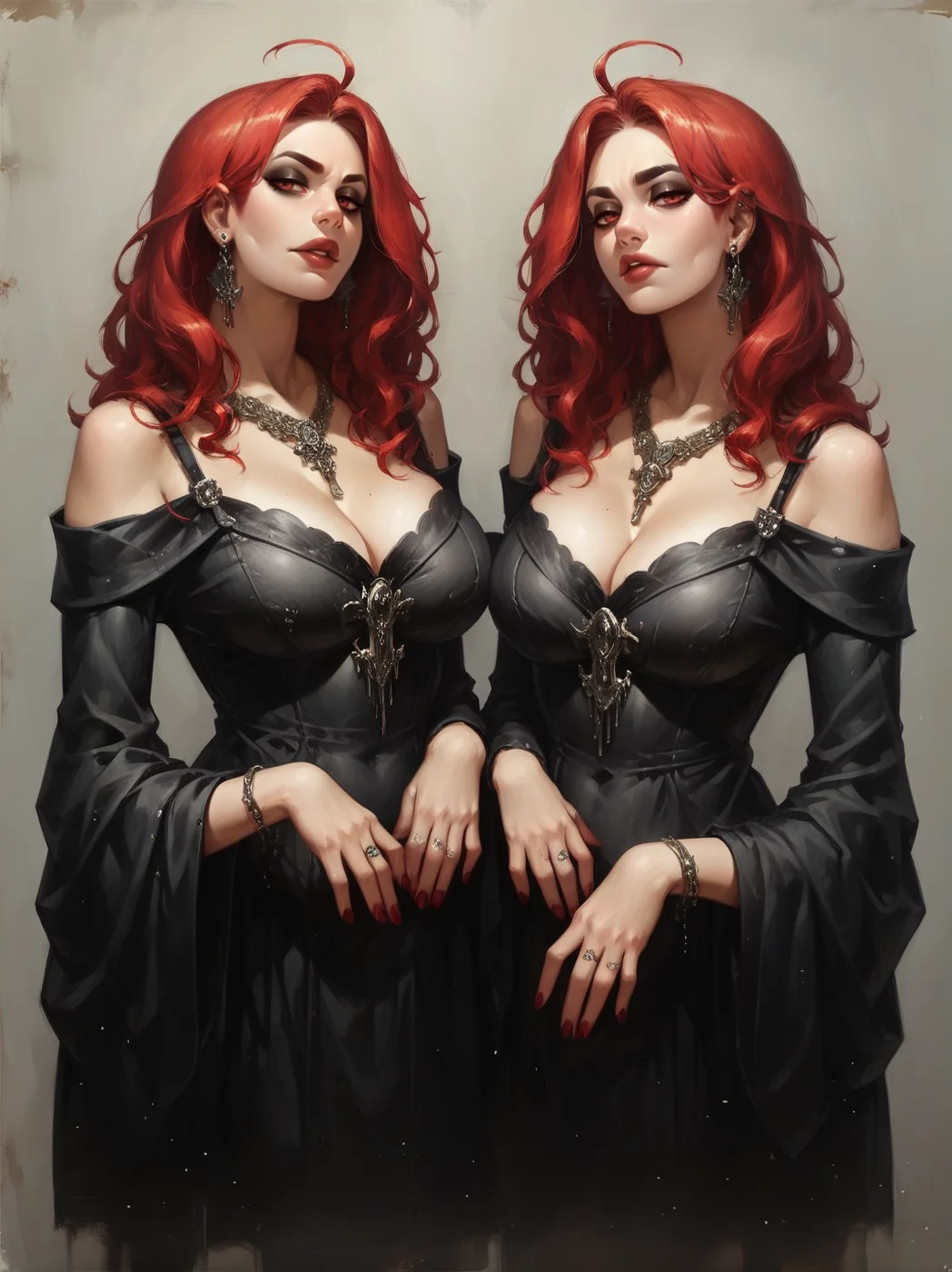 score_9. score_8_up, score_7_up, score_6_up, score_5_up, score_4_up, (plump:0.2), large breasts, red hair, d4rk01l, gothic, neon-infused digitalism, ethereal illustrations, reimagined religious art, light blue and red, junglecore, dark reflections, indian pop culture <lora:d4rk01lXLP:0.8>