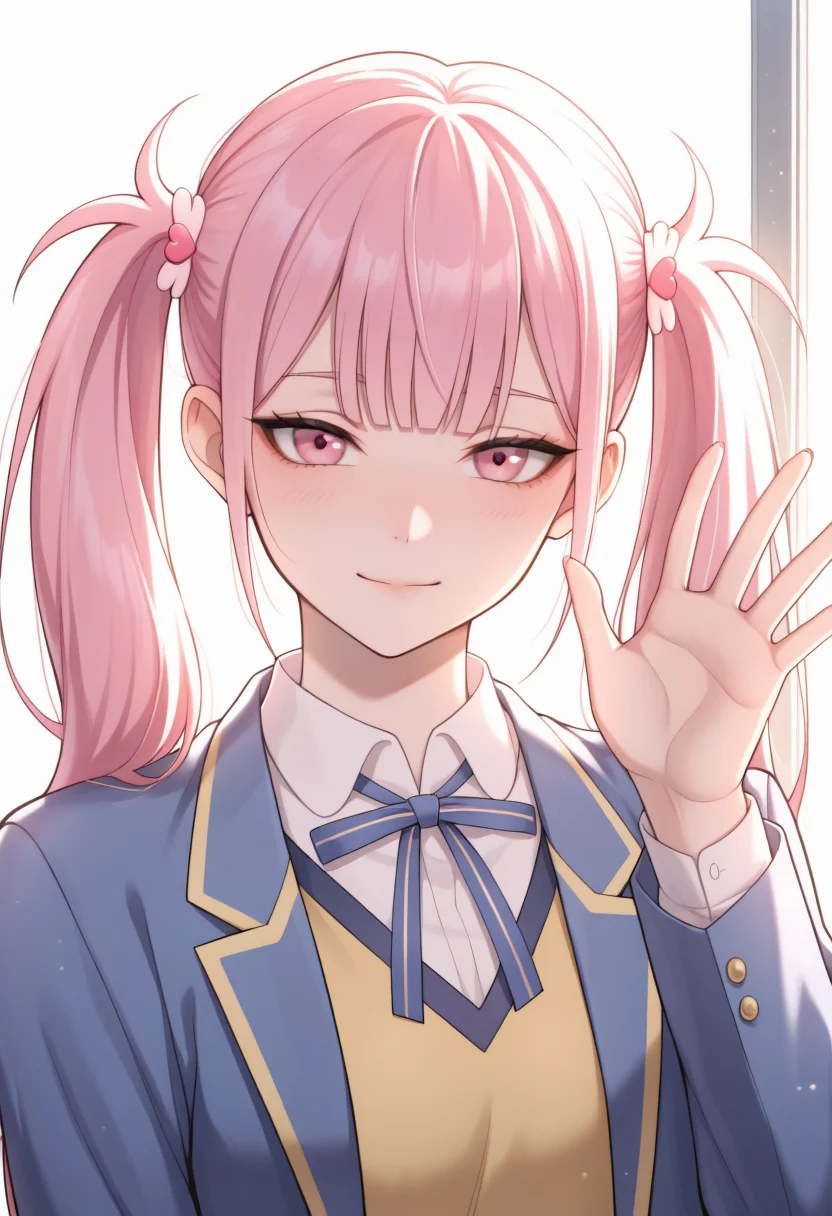 <lora:Li Tianxi School Uniform2:0.8>,15_Li Tianxi School UniformWoman,long hair,bangs,twintails,pink hair,side ponytail,pink eyes,shirt,ribbon,holding,twintails,medium breast,light skin,1girl,school uniform,blue jacket,white shirt,collared shirt,neck ribbon,school uniform,jacket,long sleeves,miniskirt,pleated skirt,black shoes,white socks,
masterpiece,best quality,intricate details,gothic fantasy,upper body portrait,dramatic pose,confident gaze,cinematic lighting,(clean background,glowing magical particles:1.3),(detailed face:1.3),vibrant colors.,
upper body,waving at viewer,close to face,