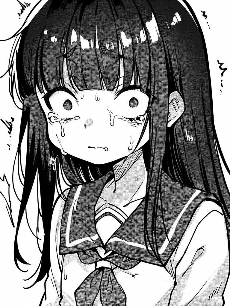 score_9, score_8_up, score_7_up,  
1girl, monochrome, long hair, black hair, blunt bangs, flat chest, serafuku, long sleeves, wide-eyed, constricted pupils, upper body, looking at viewer, closed mouth, trembling, white background, tears