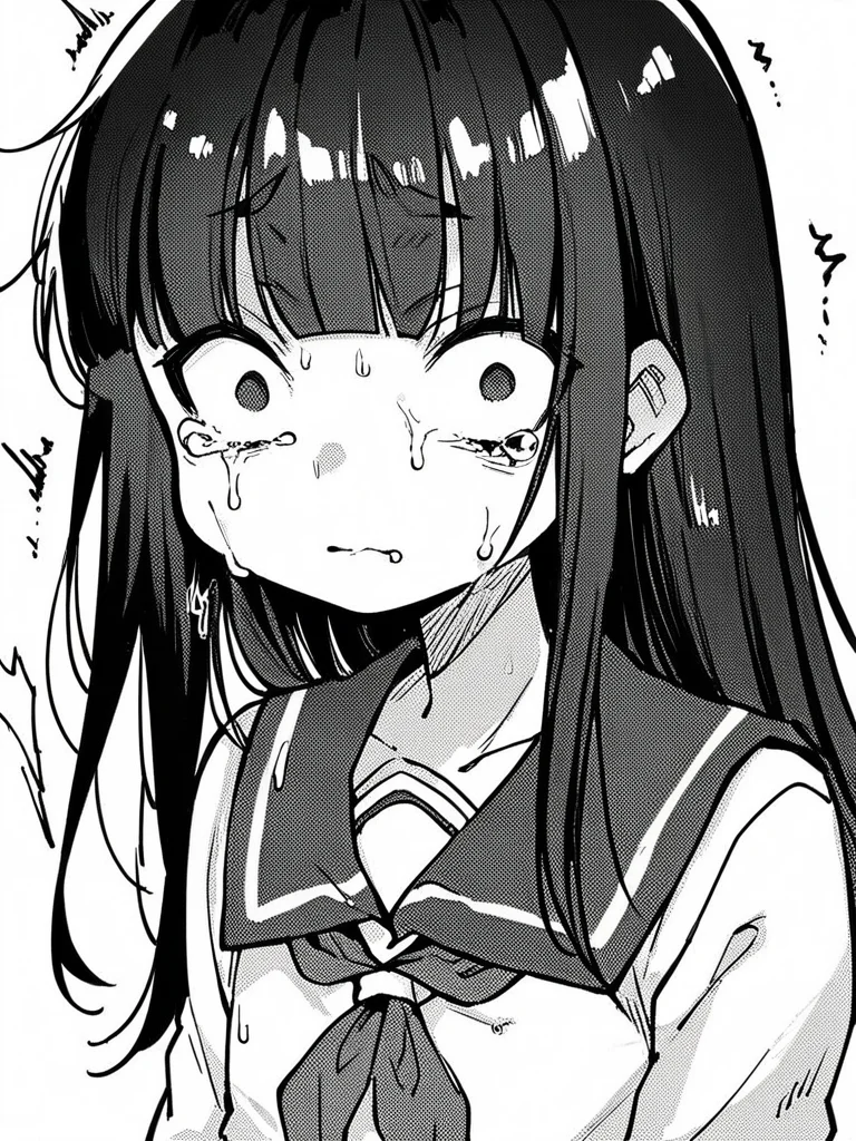 score_9, score_8_up, score_7_up,
1girl, monochrome, long hair, black hair, blunt bangs, flat chest, serafuku, long sleeves, wide-eyed, constricted pupils, upper body, looking at viewer, closed mouth, trembling, white background, tears