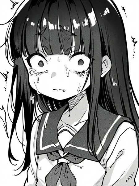 score_9, score_8_up, score_7_up,  
1girl, monochrome, long hair, black hair, blunt bangs, flat chest, serafuku, long sleeves, wide-eyed, constricted pupils, upper body, looking at viewer, closed mouth, trembling, white background, tears