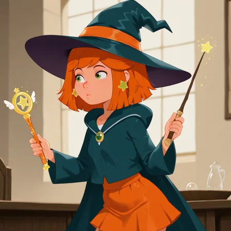best quality, masterpeice, 1girl, LillyO, orange hair, green hair, star earring, witch hat, magic wand, witch outfit,