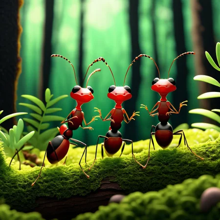 bipedal ants singing in the forest in a 3d animation for movies