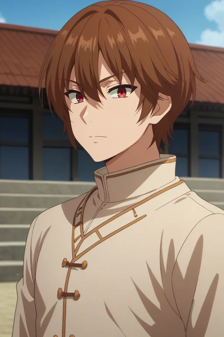 score_9, score_8_up, score_7_up, source_anime, rating_safe, intricate details, anime screencap, anime coloring, , , depth of field, 1boy, solo, male focus, <lora:keyaru_kaifuku_jutsushi_pony:0.8>, keyaru_kaifuku_jutsushi, brown hair, red eyes, short hair, hair between eyes, bangs, aged down, heterochromia, green eyes, glowing eyes, from side, east asian architecture, day, dynamic pose, relaxed, , <lora:sdxl_lightning_8step_lora:1>