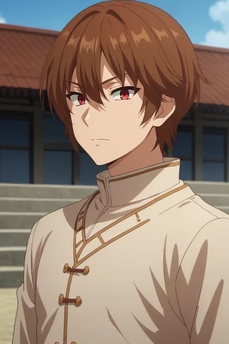 score_9, score_8_up, score_7_up, source_anime, rating_safe, intricate details, anime screencap, anime coloring, , , depth of field, 1boy, solo, male focus, <lora:keyaru_kaifuku_jutsushi_pony:0.8>, keyaru_kaifuku_jutsushi, brown hair, red eyes, short hair, hair between eyes, bangs, aged down, heterochromia, green eyes, glowing eyes, from side, east asian architecture, day, dynamic pose, relaxed, , <lora:sdxl_lightning_8step_lora:1>