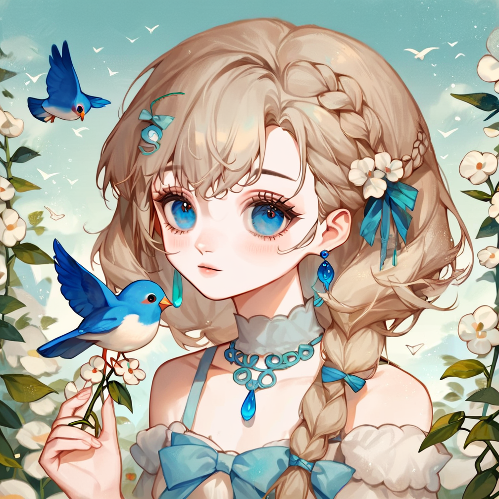 score_9, score_8_up, score_7_up, score_6_up, score_5_up, score_4_up,
CuteStyle,cuteeyes,
 1girl, flower, blue eyes, braid, solo, bird, holding, jewelry, earrings, hair ornament, white flower, looking at viewer
 ,<lora:cute_style_pony_v2:0.8>