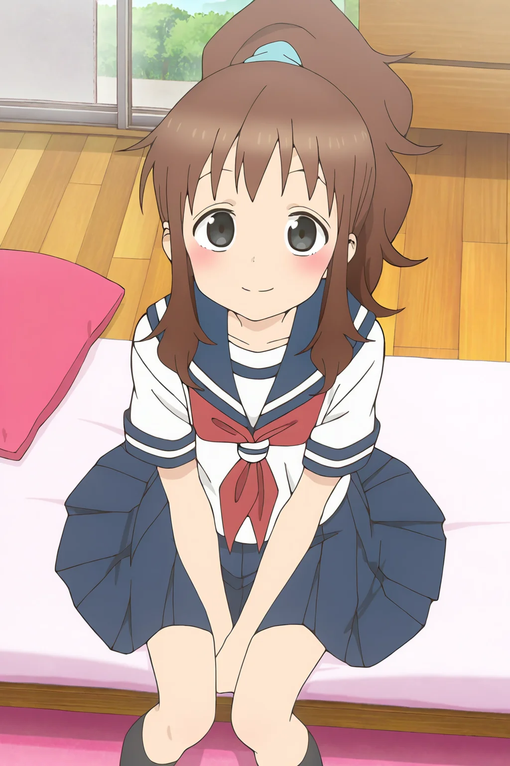 masterpiece,best quality,good quality,rating safe,, outdoor, <lora:takagawa_sumire-ill_narcissu:1>,sumire, takagawa_sumire, karakai jouzu no takagi-san, 1girl, solo, brown hair, ponytail, black eyes, long hair, blue scrunchie, bangs, serafuku, red neckerchief, blue sailor collar, short sleeves, white shirt,blue skirt,black socks,anime screencap,blush,sitting on the bed,looking at view,bedroom,smile