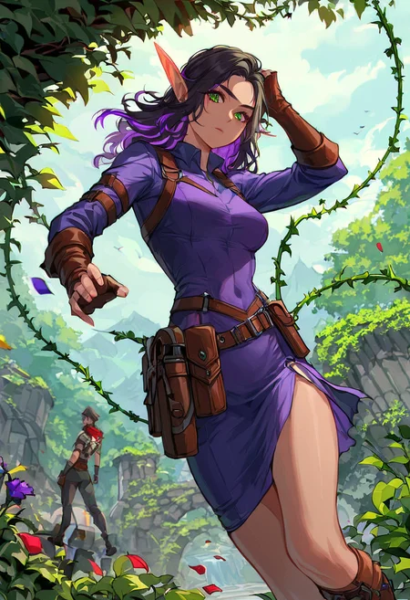 (score_9, score_8_up:1.1), score_7_ up, highly detailed, , zPDXL, ((1 girl,)) slender, petite ,Shadow elf ranger, natural stealth, dark brown hair with purple highlights, sharp green eyes, leather armor with wooden accents and climbing gear, tattoos resembling vines on her arms. she wear Dark purple shirt with puffed sleeves and intricate lace details, long flowing dark purple skirt with a slit in front , dynamic pose, detialed background
, masterpeice, detailed, intricated details, 8k, ultraclear <lora:detailed_notrigger:1>, wide angle, detailed scene, detailed faces, perfect quality, tranding on artstation, incredible details , Painstaking Attention To Details , <lora:OMG-Is-DucHaiten_v1.0:1> ziprealism