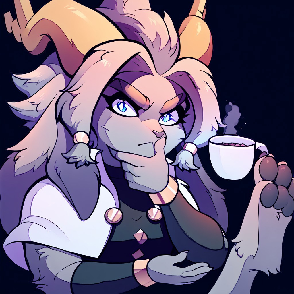 score_9, score_8_up, score_7_up, score_6,  mikus-concept, thinking pose, hand on chin, foot holding cup, furry, sybil (pseudoregalia), grey fur, grey hair, bangs, blue eyes, floppy ears, jackalope, shawl, golden horns