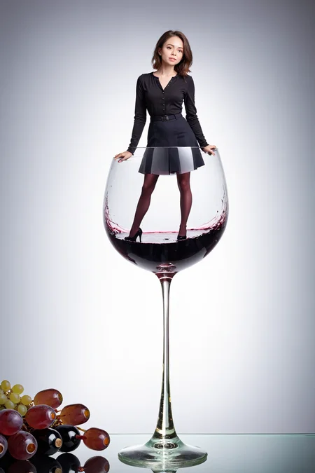 photo, woman standing on wine glass