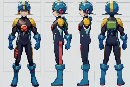 (official art, simple background, full body, standing, chara-sheet), (masterpiece, best quality), megaman, (dark blue boots), (red headwear, dark blue helmet with yellow stripe), (indigo bodysuit with yellow), covered collarbone, (yellow pauldron), (dark blue backpack), (dark blue gloves), (green eyes), (red circular chest piece), muscular, large pectorals, thick thighs