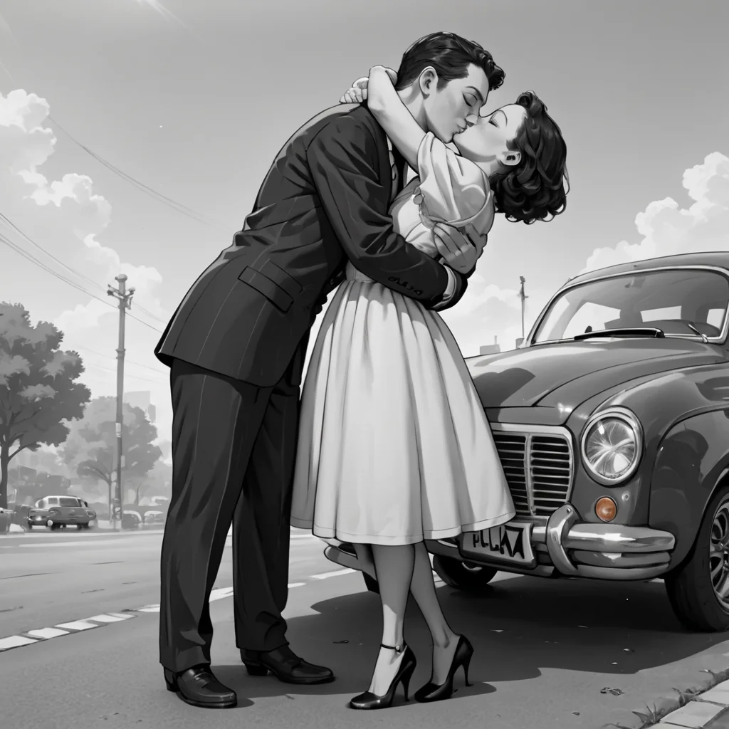 score_9, score_8_up, score_7_up, score_6_up, source_anime, full body, hud_40s_lv, monochrome, greyscale, 1girl, 1boy, hug, kiss, suit, dress, high heels, car, simple background, film grain, cinematic, <lora:40sromance-000007:0.8>,