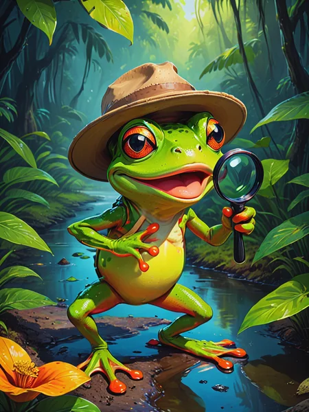 impactful color paint of a funny cartoon character, a cheerful frog wearing a safari hat and wielding a magnifying glass, ready to embark on an exciting adventure through lush jungles and winding rivers. <lora:Bold_Pop:0.7>........... highly detailed, vibrant colors , 8k, sharp, professional, clear, high contrast, high saturated, , vivid deep blacks, crystal clear