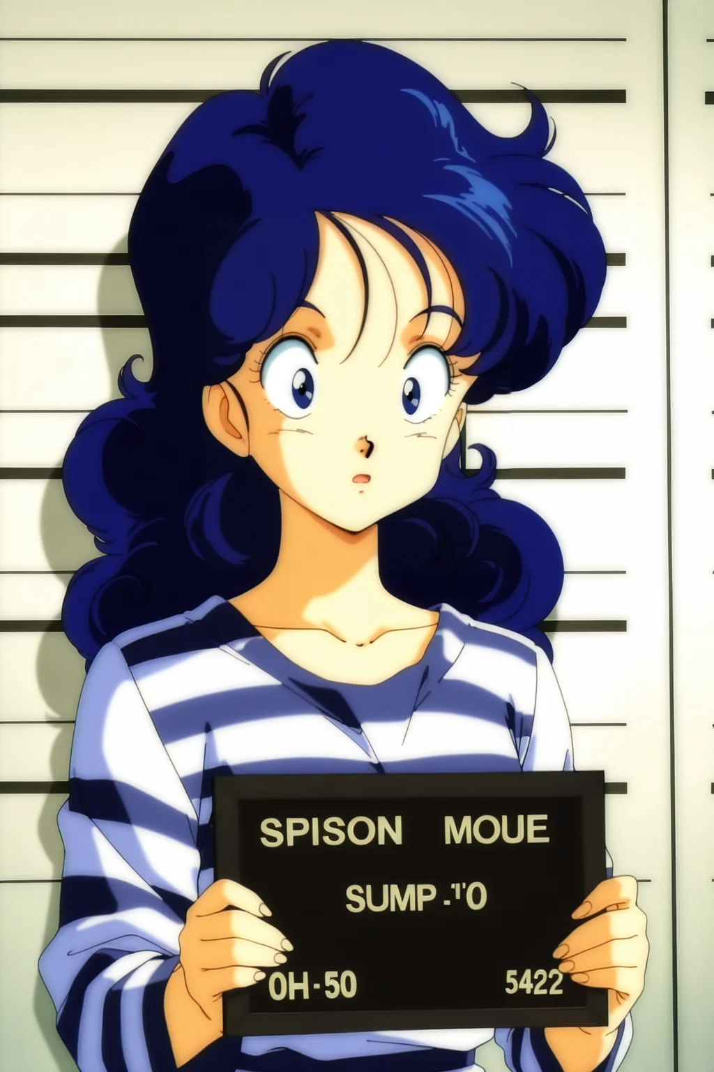 anime screencap, absurdres, high quality, 1990s \(style\), anime coloring, retro artstyle,
launch good, blue hair, long hair, curly hair, blue eyes,
prison clothes, shocked, wide-eyed, mugshot, collarbone, striped clothing, holding sign saying Launch, character name, english text,
<lora:Launch_IL:0.8>
