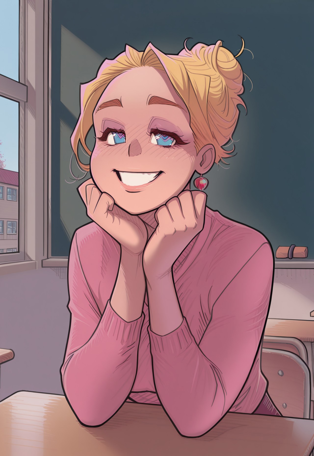 {{masterpiece, best quality, perfect face,}}, {{{{insiede, classroom, private, window, chalkboard, desk, chairs}}}}, {{{absurdres, HDR, extremely details CG,}}},

melkor_style,

1girl, solo, smiling, happy,

_l1s4_, blond hair, blue eyes, hair bun, single hair bun,

<segment:girl's face,0.3,0.3//cid=1>
{{{{extremely_beautiful_detailed_anime_face_and_eyes, source_anime,}}}}