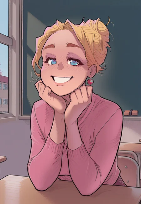 {{masterpiece, best quality, perfect face,}}, {{{{insiede, classroom, private, window, chalkboard, desk, chairs}}}}, {{{absurdres, HDR, extremely details CG,}}},
melkor_style,
1girl, solo, smiling, happy,
_l1s4_, blond hair, blue eyes, hair bun, single hair bun,
<segment:girl's face,0.3,0.3//cid=1>
{{{{extremely_beautiful_detailed_anime_face_and_eyes, source_anime,}}}}
